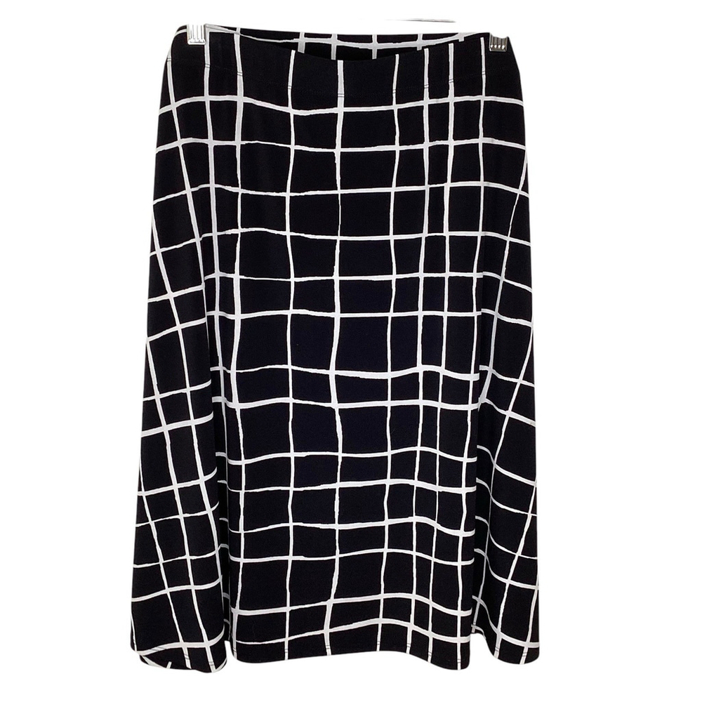 Chico’s Traveler Skirt Women’s Sz L 12 Black White Midi Wrinkle Free Travel EUC